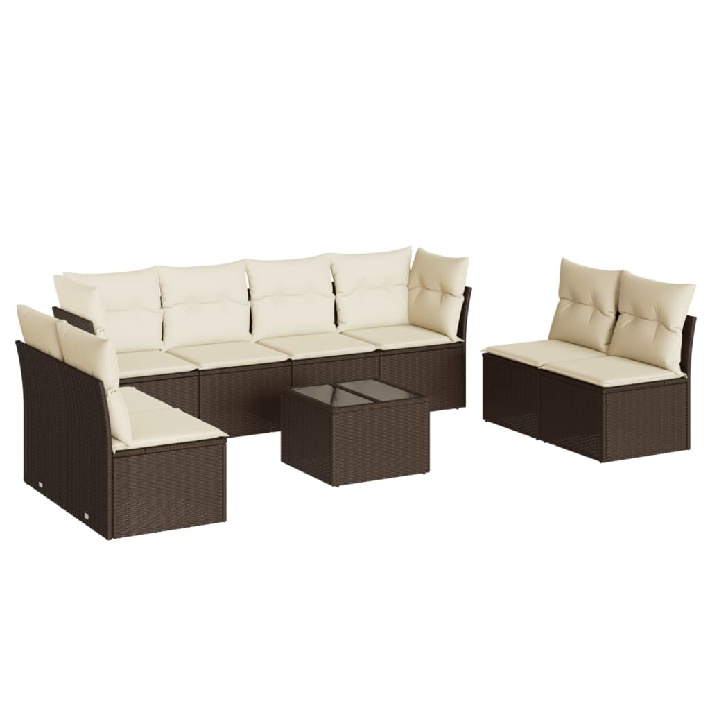 Salon de jardin avec coussins 9 pcs marron résine tressée