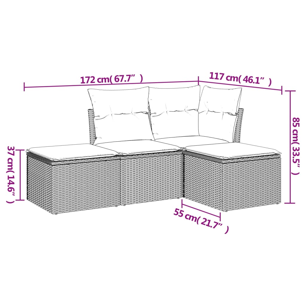 Salon de jardin 4 pcs avec coussins marron résine tressée