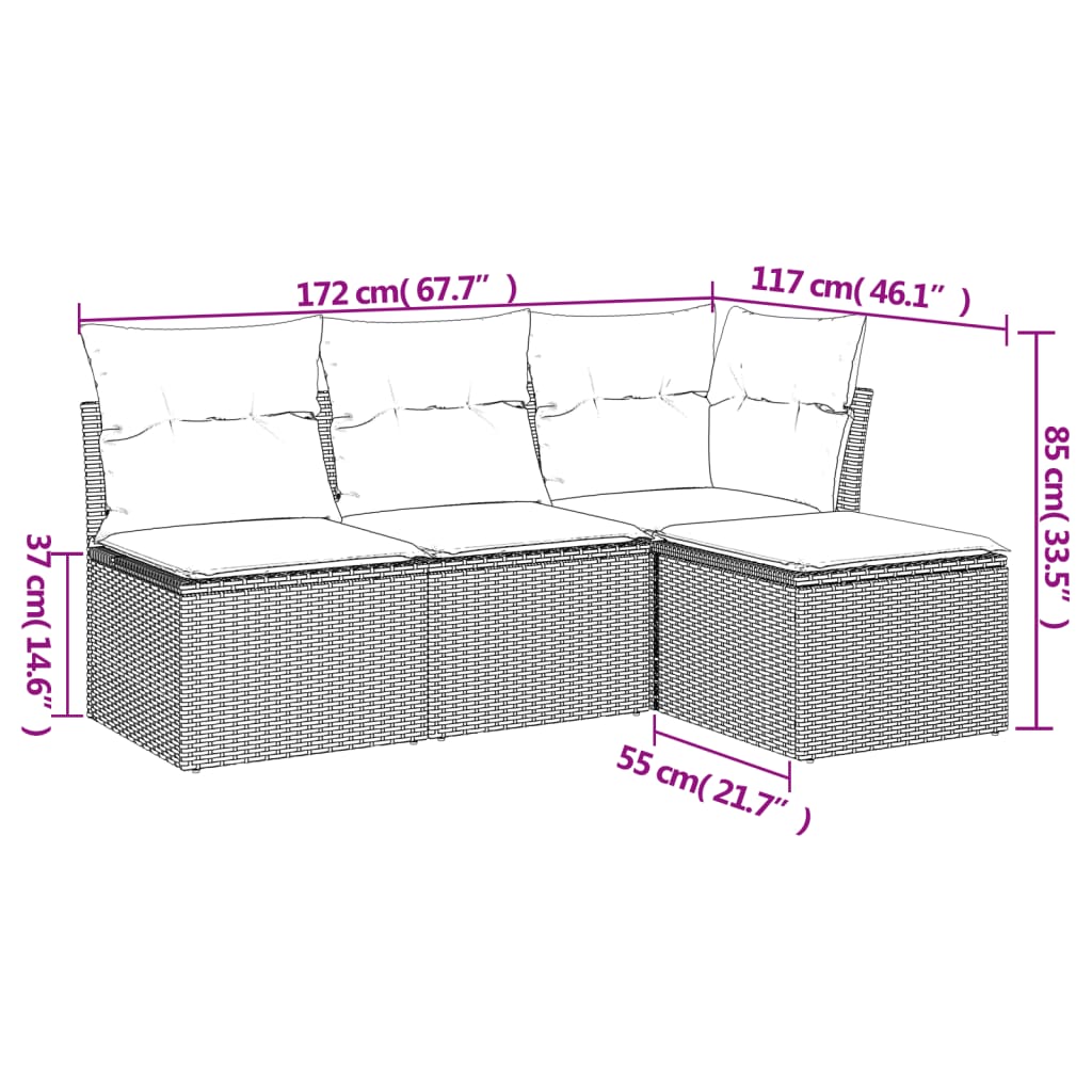 Salon de jardin 4 pcs avec coussins gris clair résine tressée