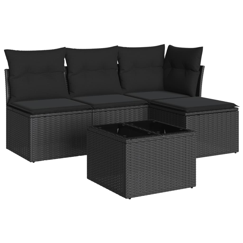 Salon de jardin 5 pcs avec coussins noir résine tressée