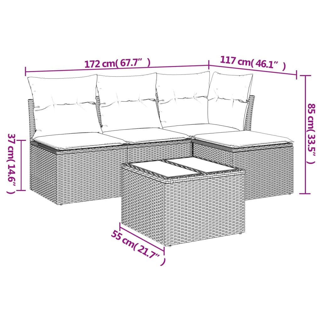 Salon de jardin avec coussins 5 pcs marron résine tressée