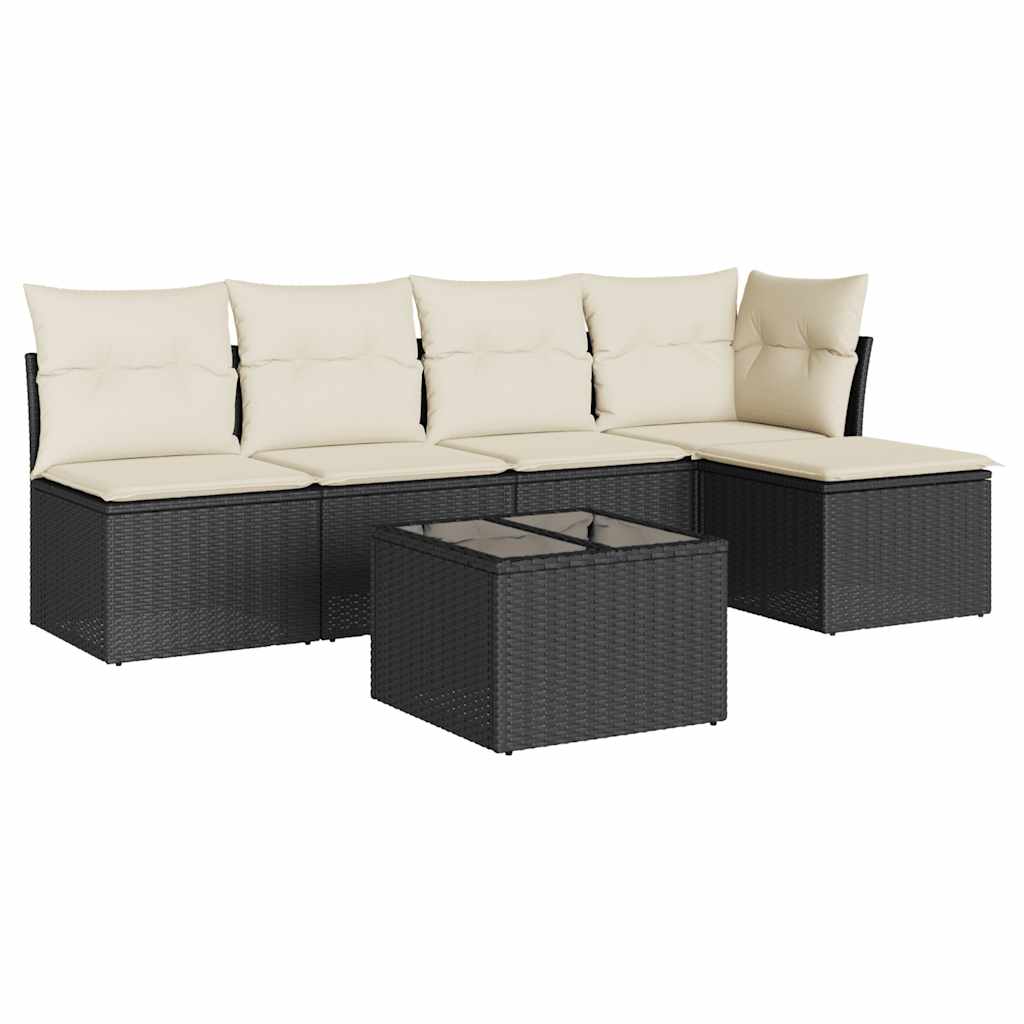 Salon de jardin 6 pcs avec coussins noir résine tressée