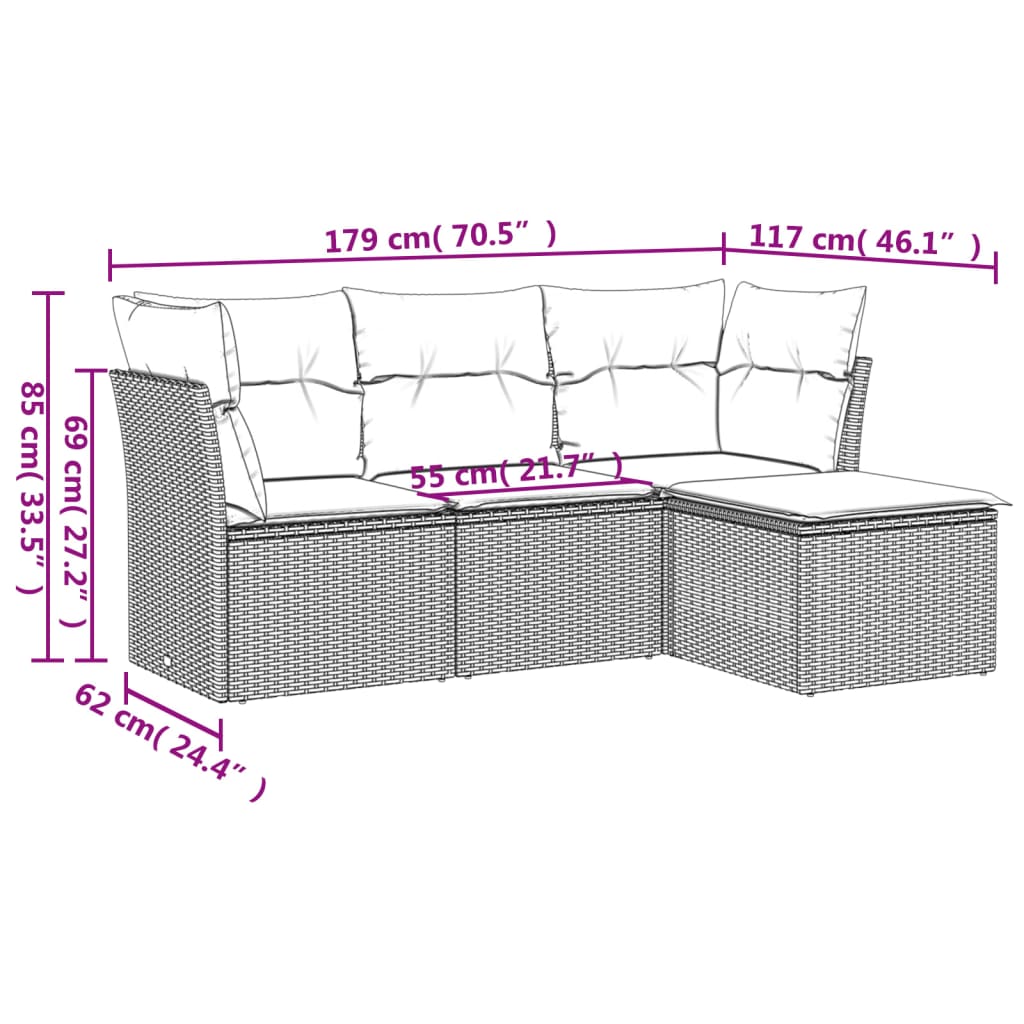 Salon de jardin 4 pcs avec coussins gris clair résine tressée