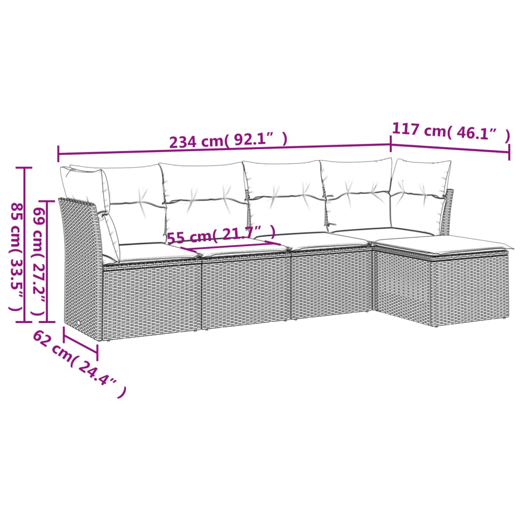 Salon de jardin avec coussins 5 pcs marron résine tressée