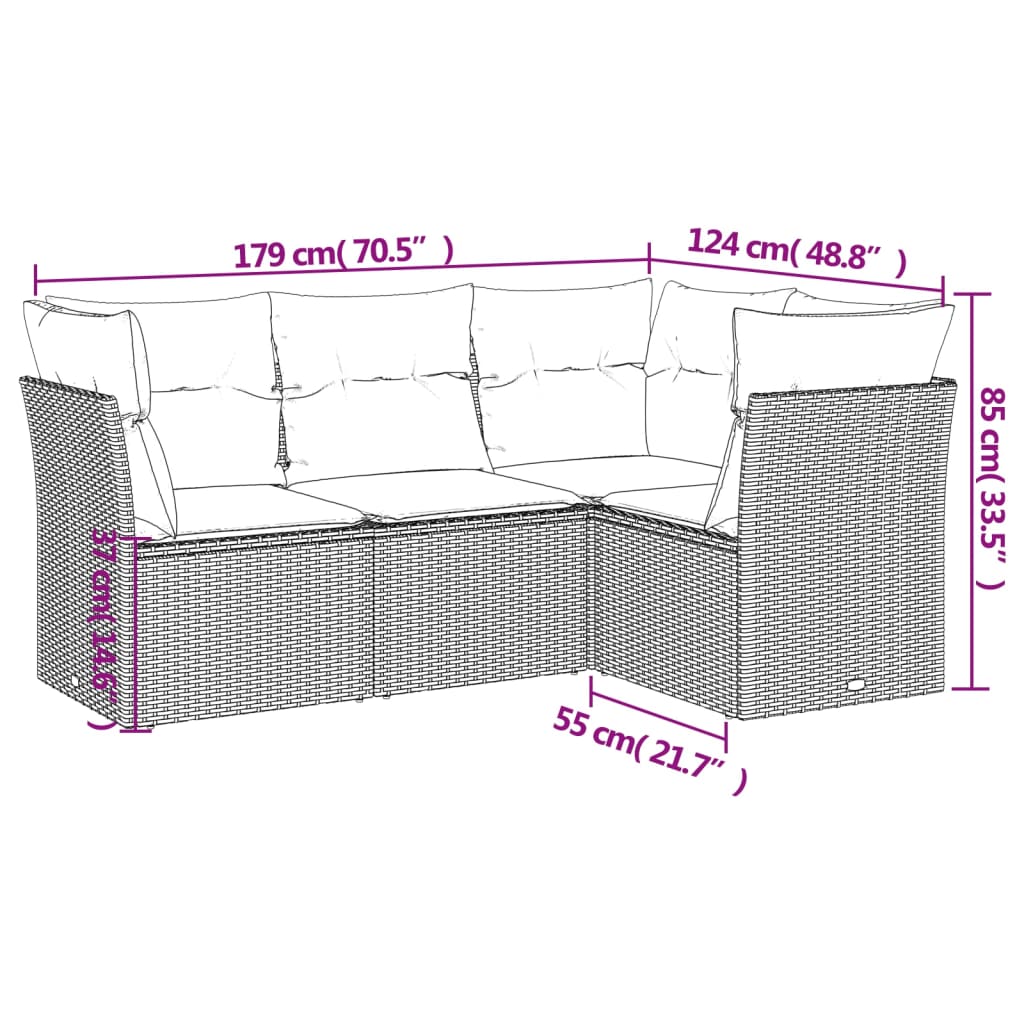 Salon de jardin 4 pcs avec coussins gris clair résine tressée