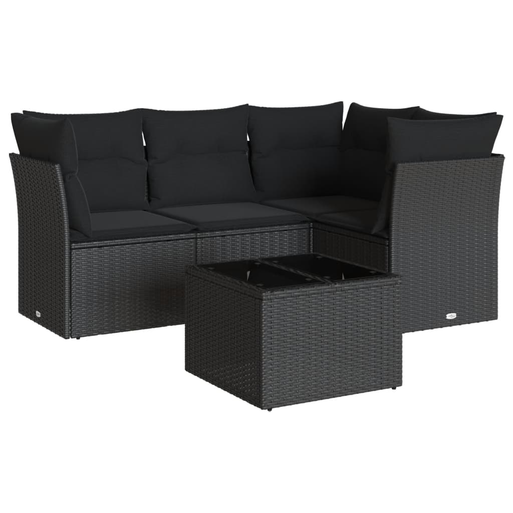 Salon de jardin 5 pcs avec coussins noir résine tressée