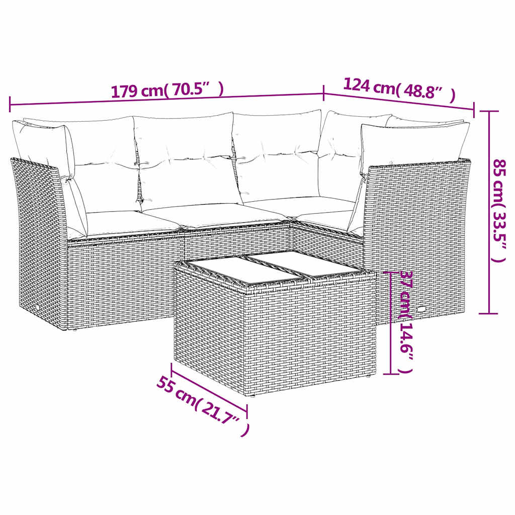 Salon de jardin 5 pcs avec coussins gris clair résine tressée