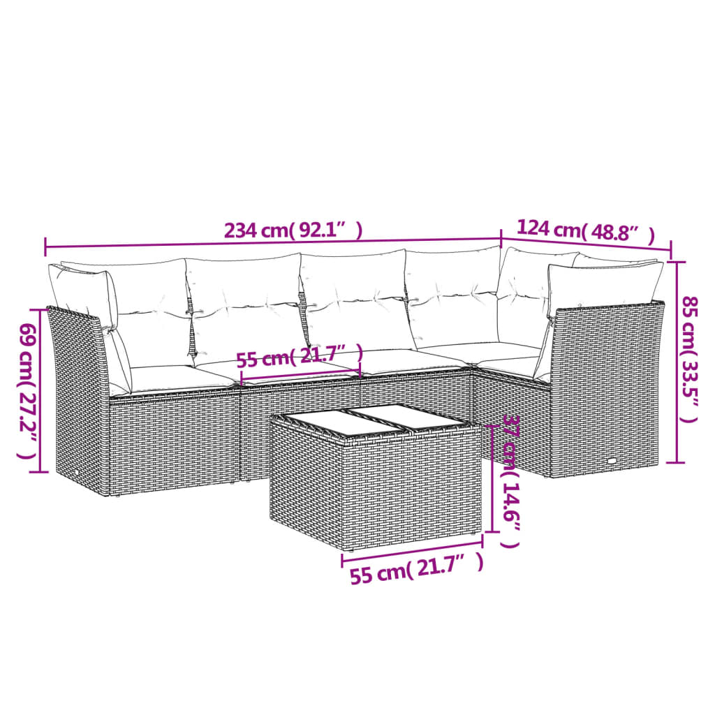 Salon de jardin avec coussins 6 pcs marron résine tressée