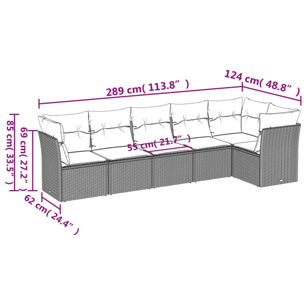 Salon de jardin avec coussins 6 pcs marron résine tressée