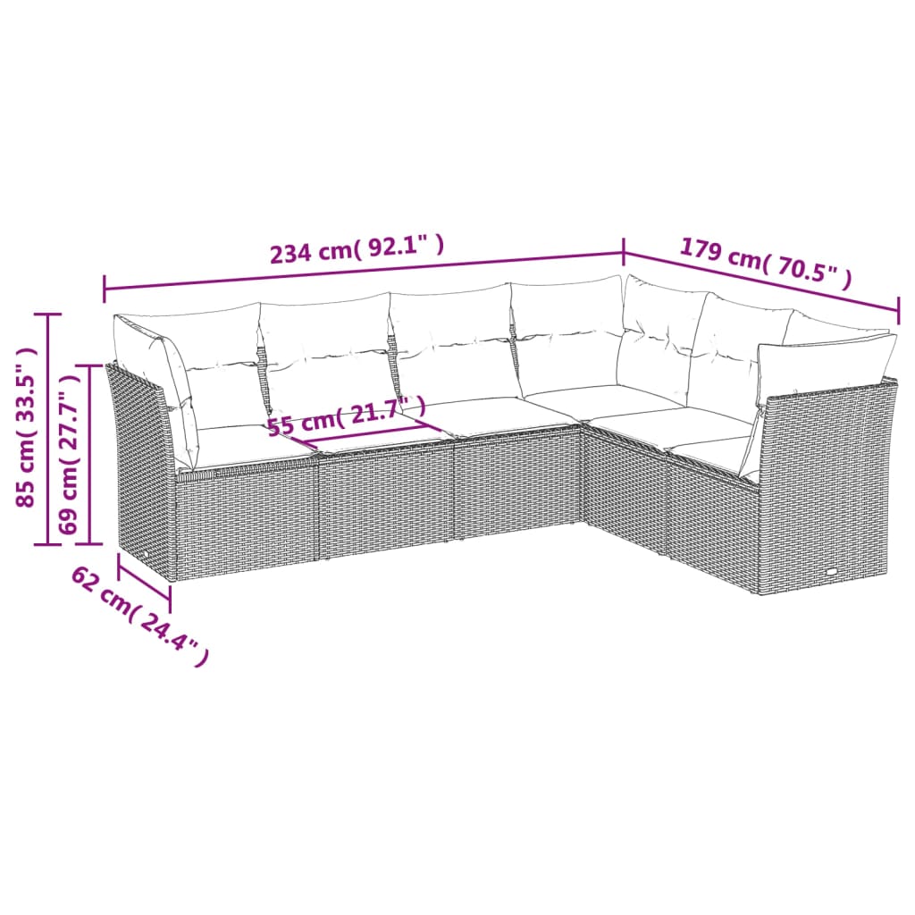 Salon de jardin 6 pcs avec coussins gris résine tressée