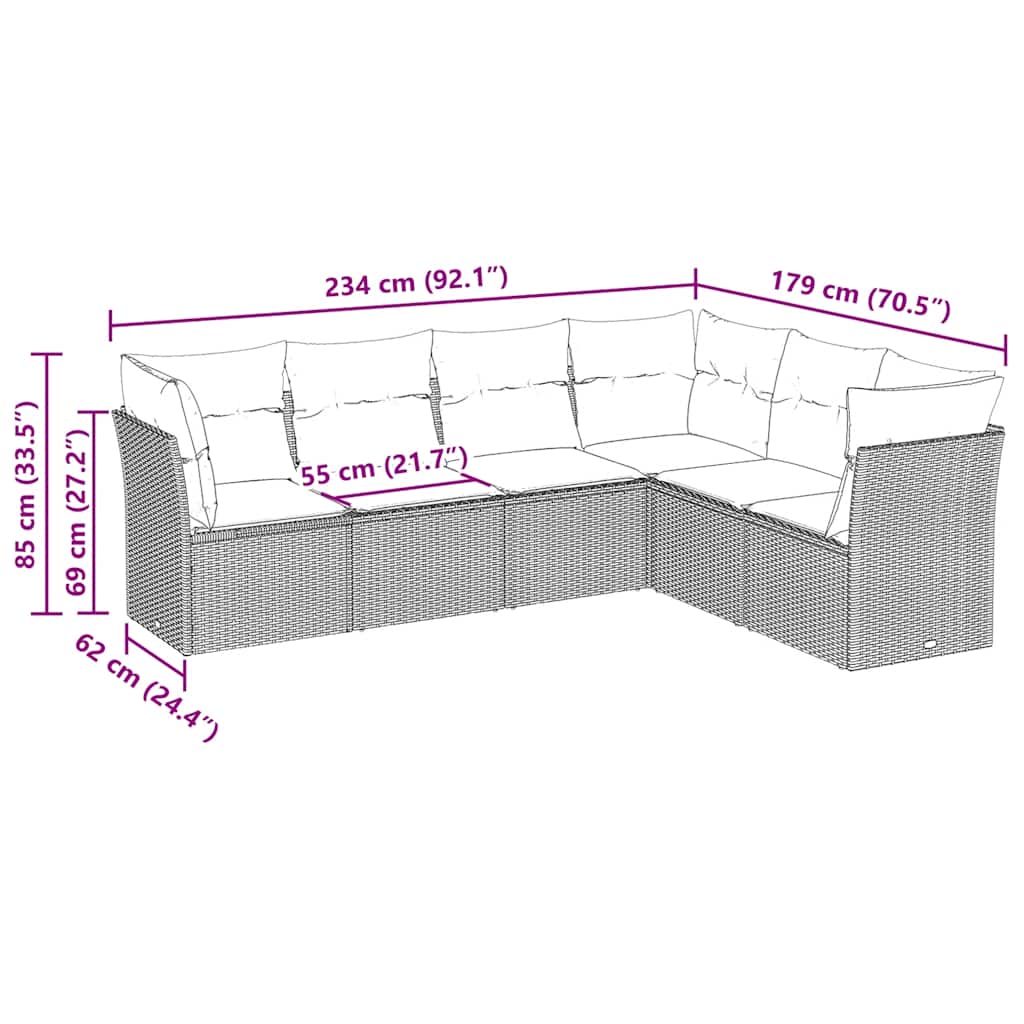 Salon de jardin 6 pcs avec coussins gris clair résine tressée