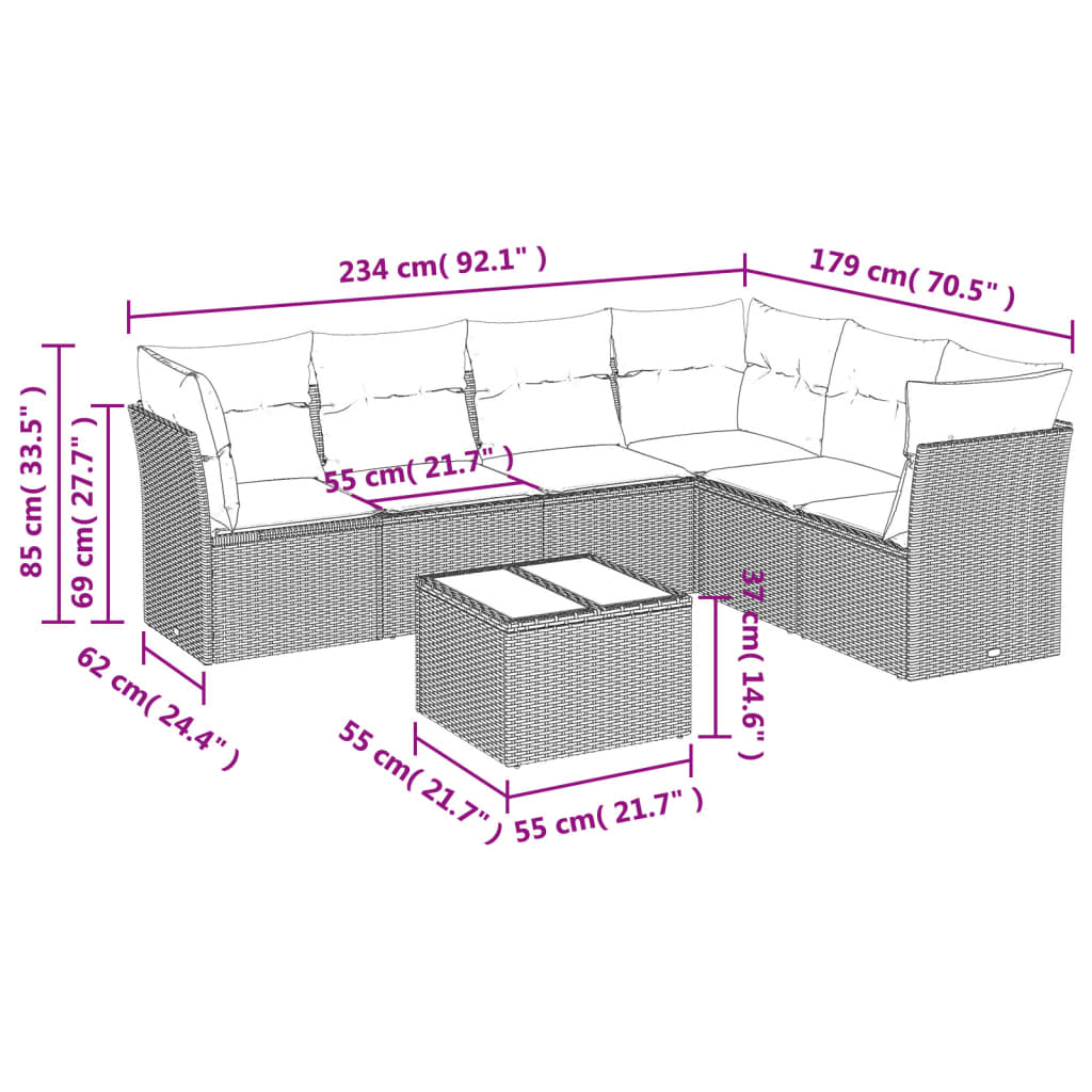 Salon de jardin avec coussins 7 pcs gris résine tressée