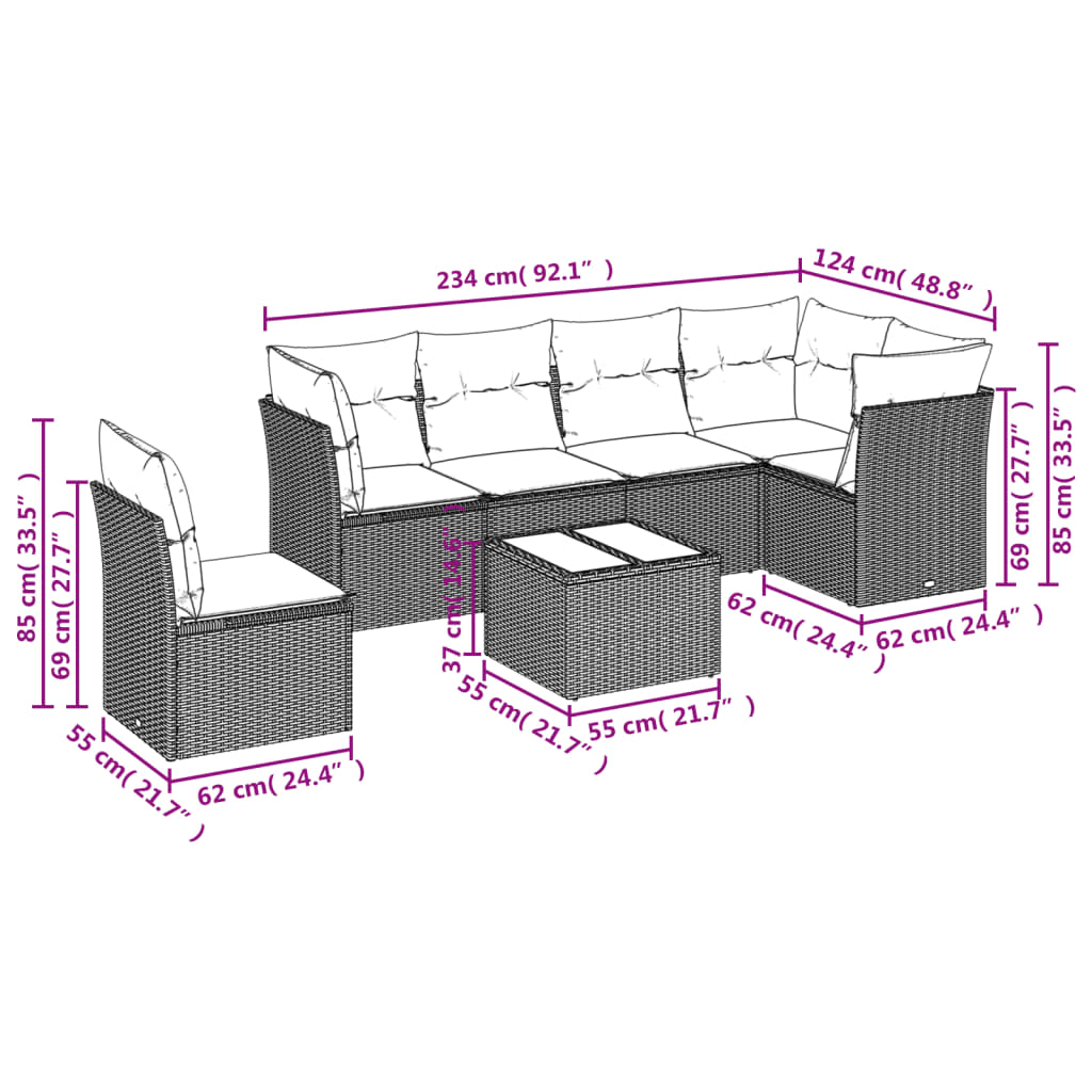 Ensemble de canapé de jardin 7 pcs avec coussins gris résine tressée