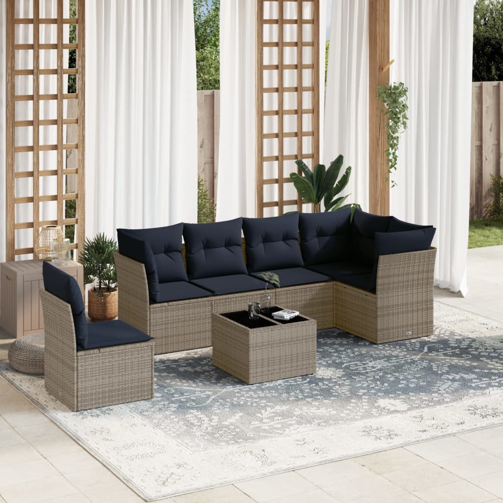 Ensemble de canapé de jardin 7 pcs avec coussins gris résine tressée