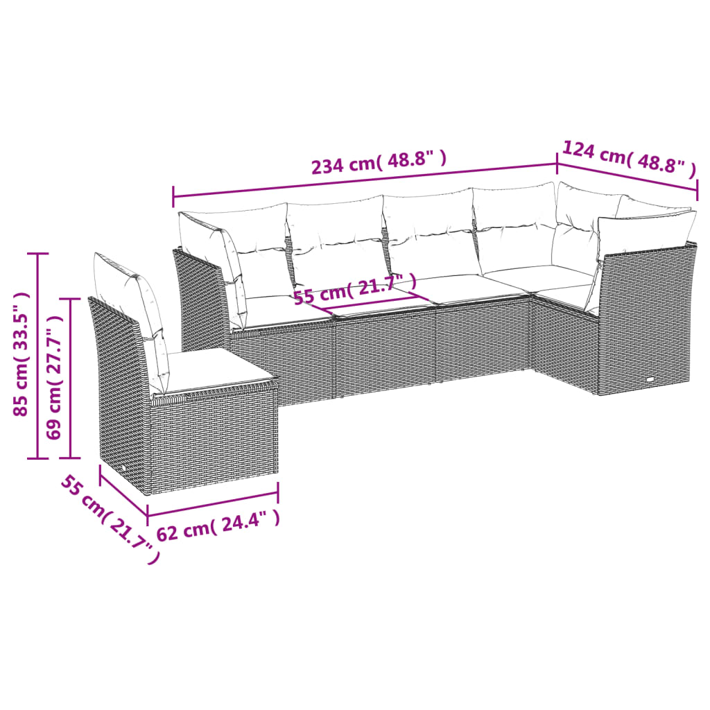 Salon de jardin avec coussins 7 pcs marron résine tressée