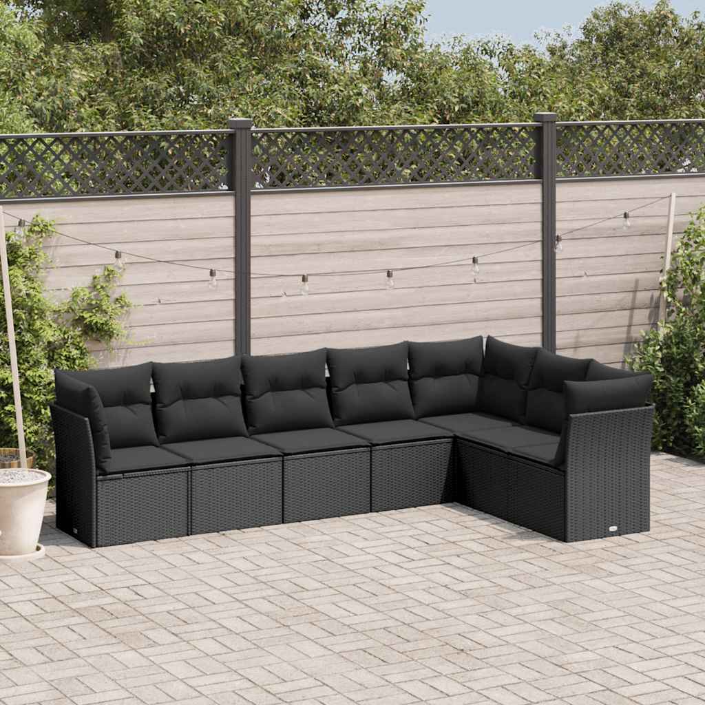 Salon de jardin 7 pcs avec coussins noir résine tressée
