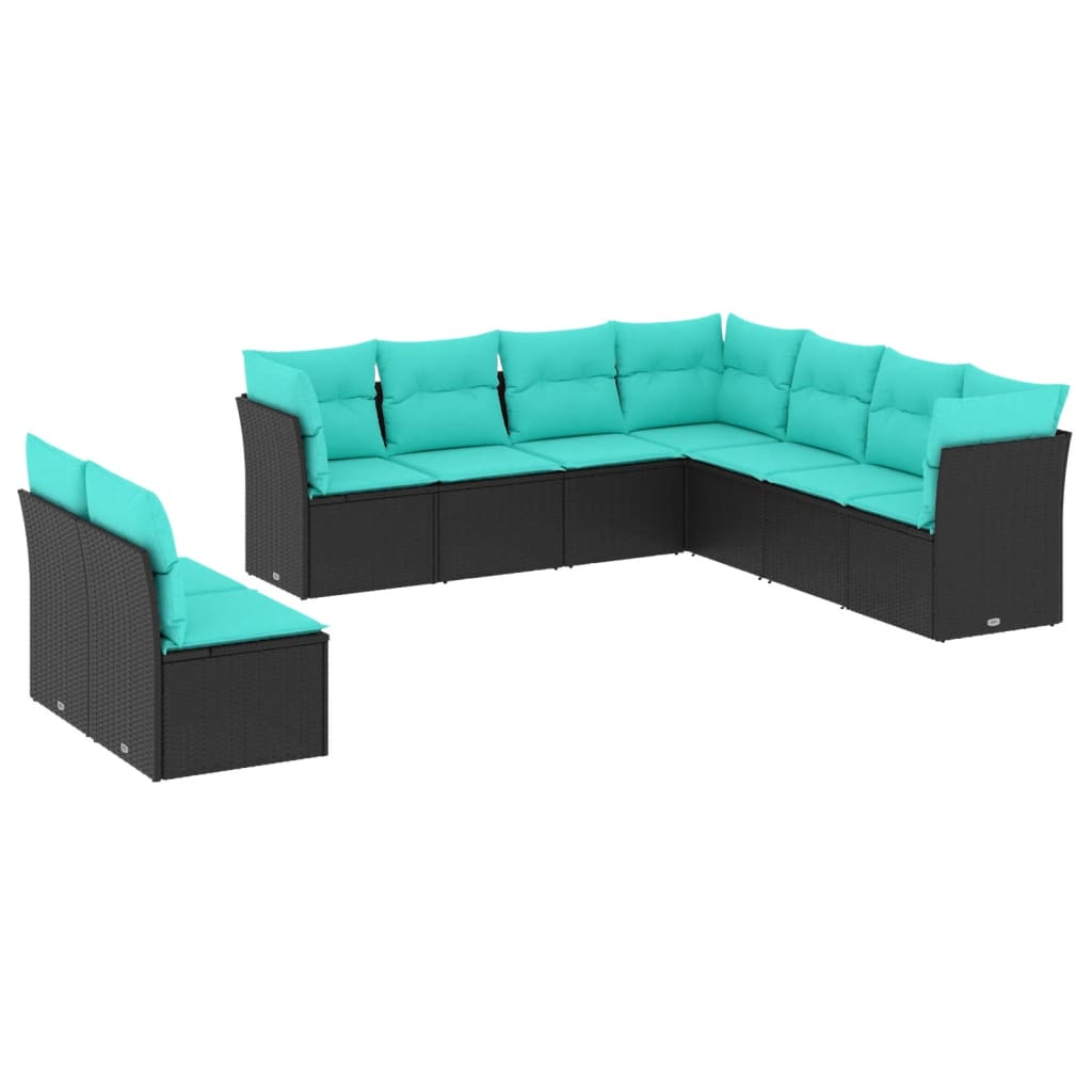 Salon de jardin 9 pcs avec coussins noir résine tressée