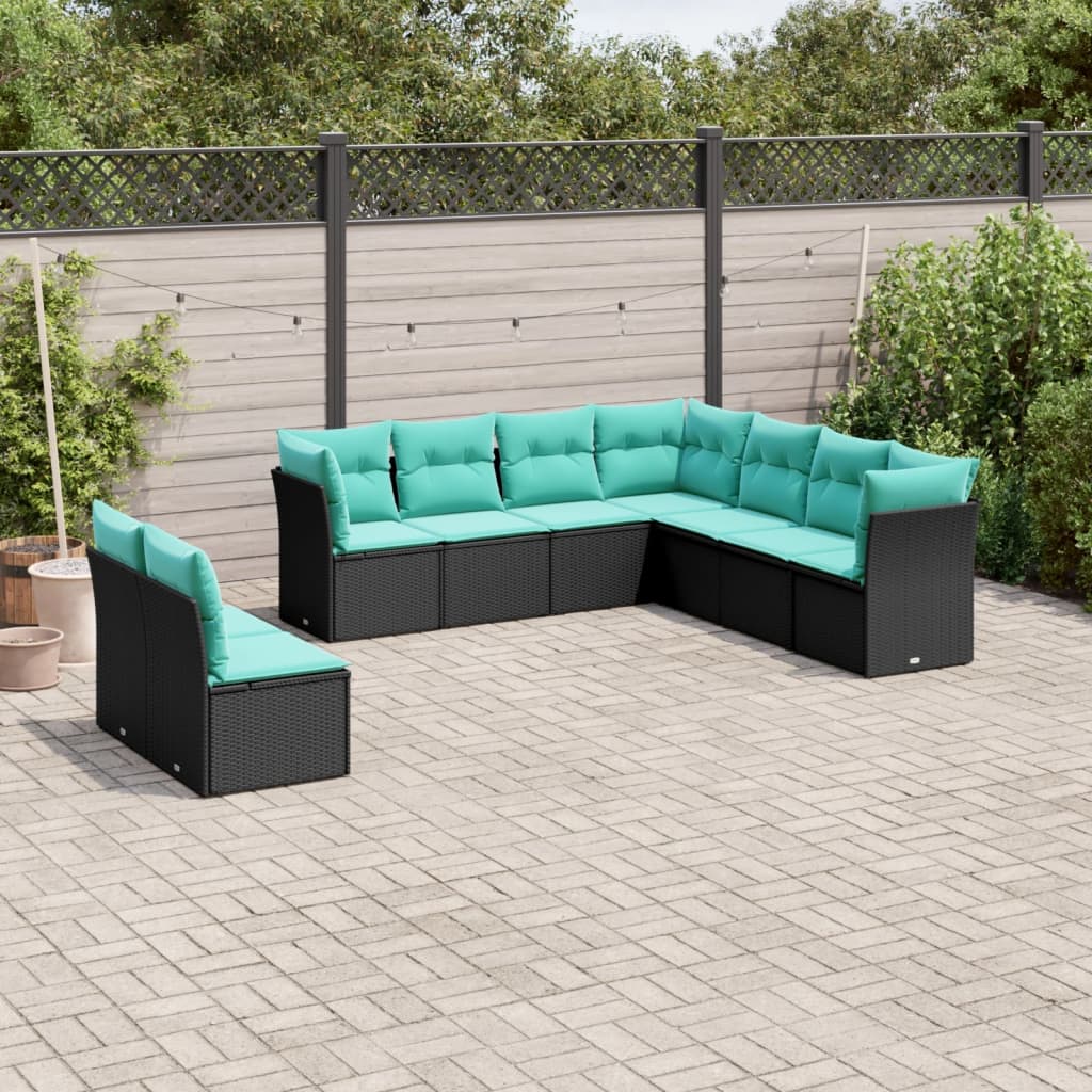 Salon de jardin 9 pcs avec coussins noir résine tressée