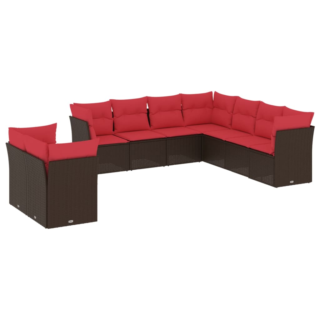 Ensemble de canapé de jardin 9 pcs avec coussins marron résine tressée