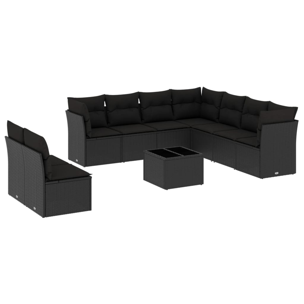 Salon de jardin 10 pcs avec coussins noir résine tressée