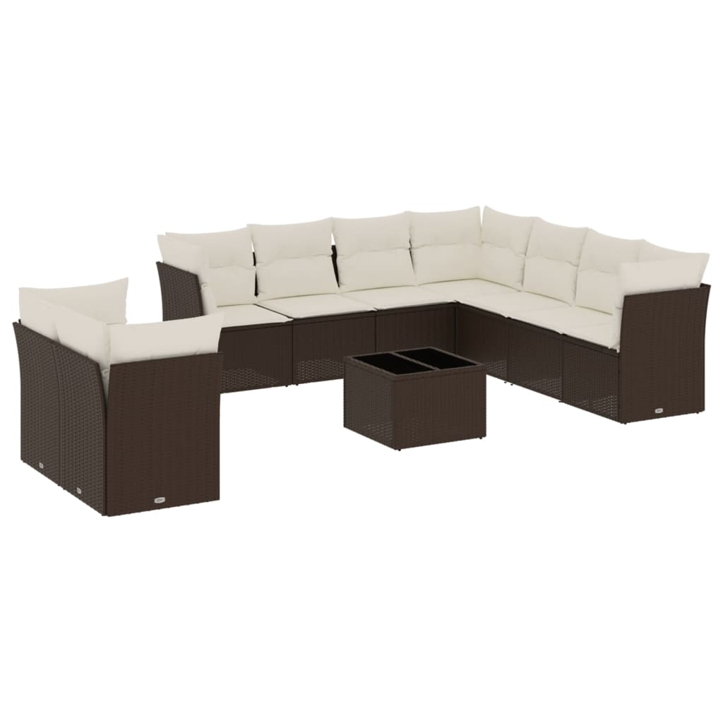 Salon de jardin 10 pcs avec coussins marron résine tressée