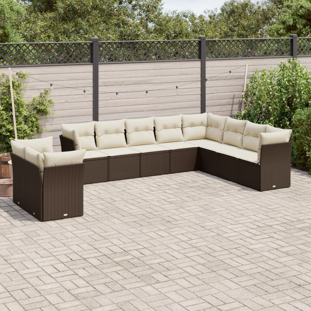 Salon de jardin 10 pcs avec coussins marron résine tressée