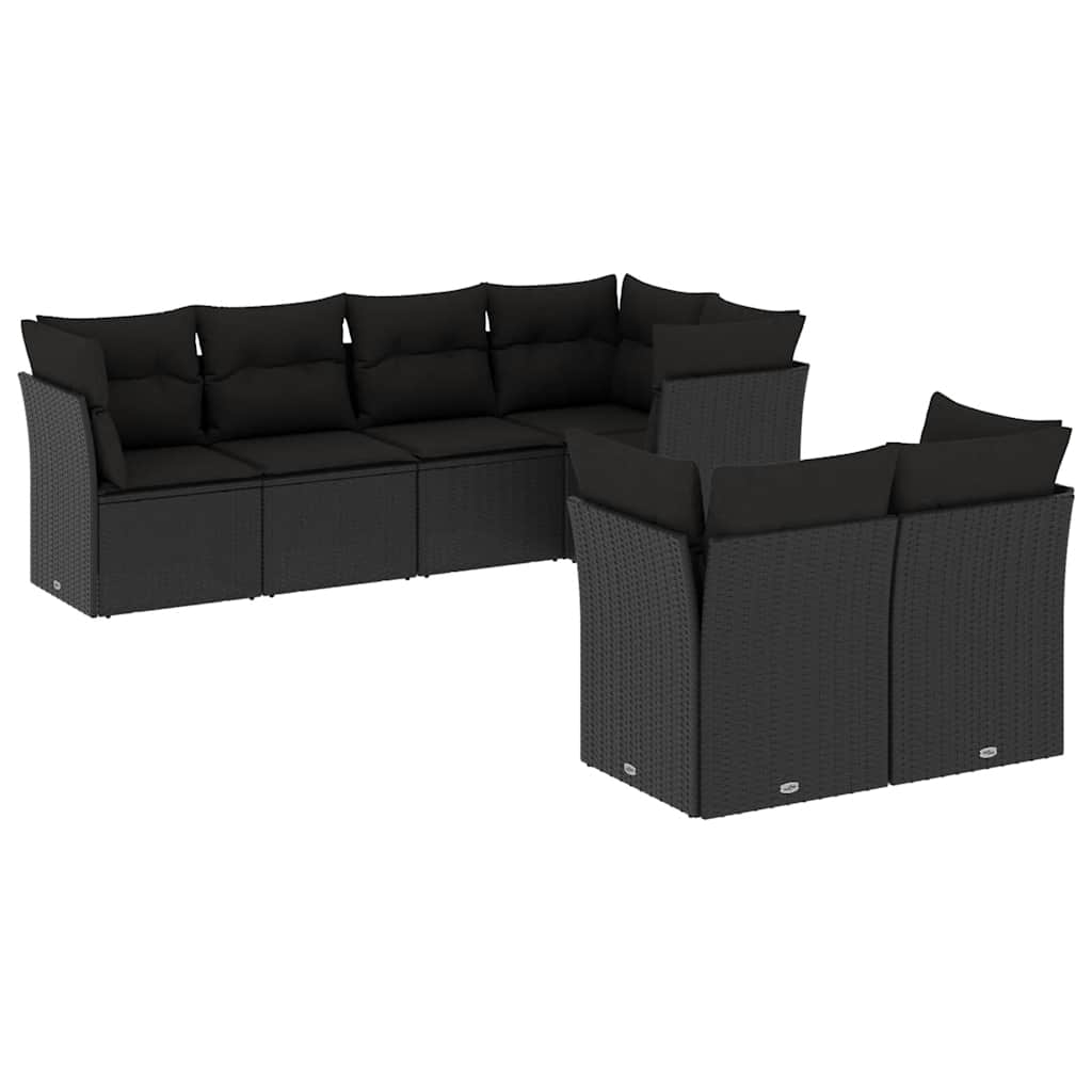 Salon de jardin 7 pcs avec coussins noir résine tressée