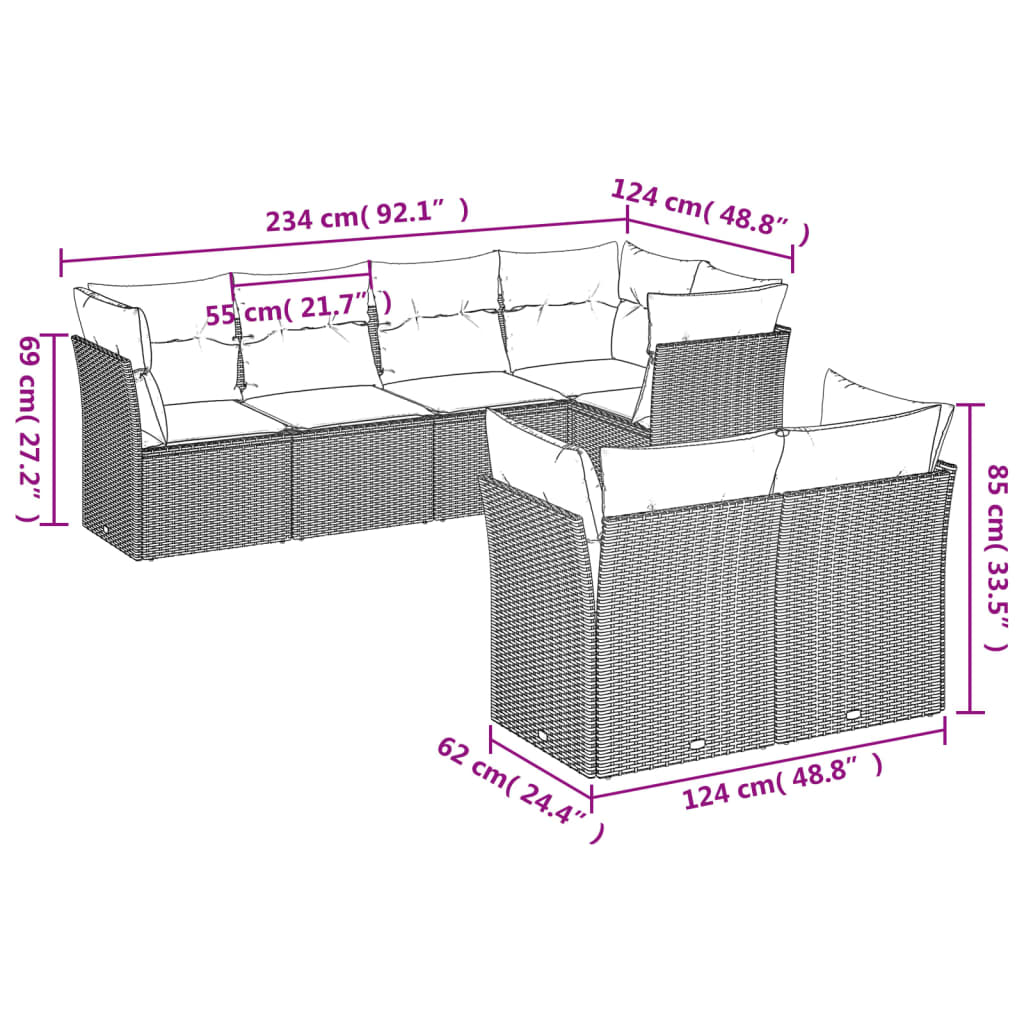 Salon de jardin avec coussins 7 pcs marron résine tressée