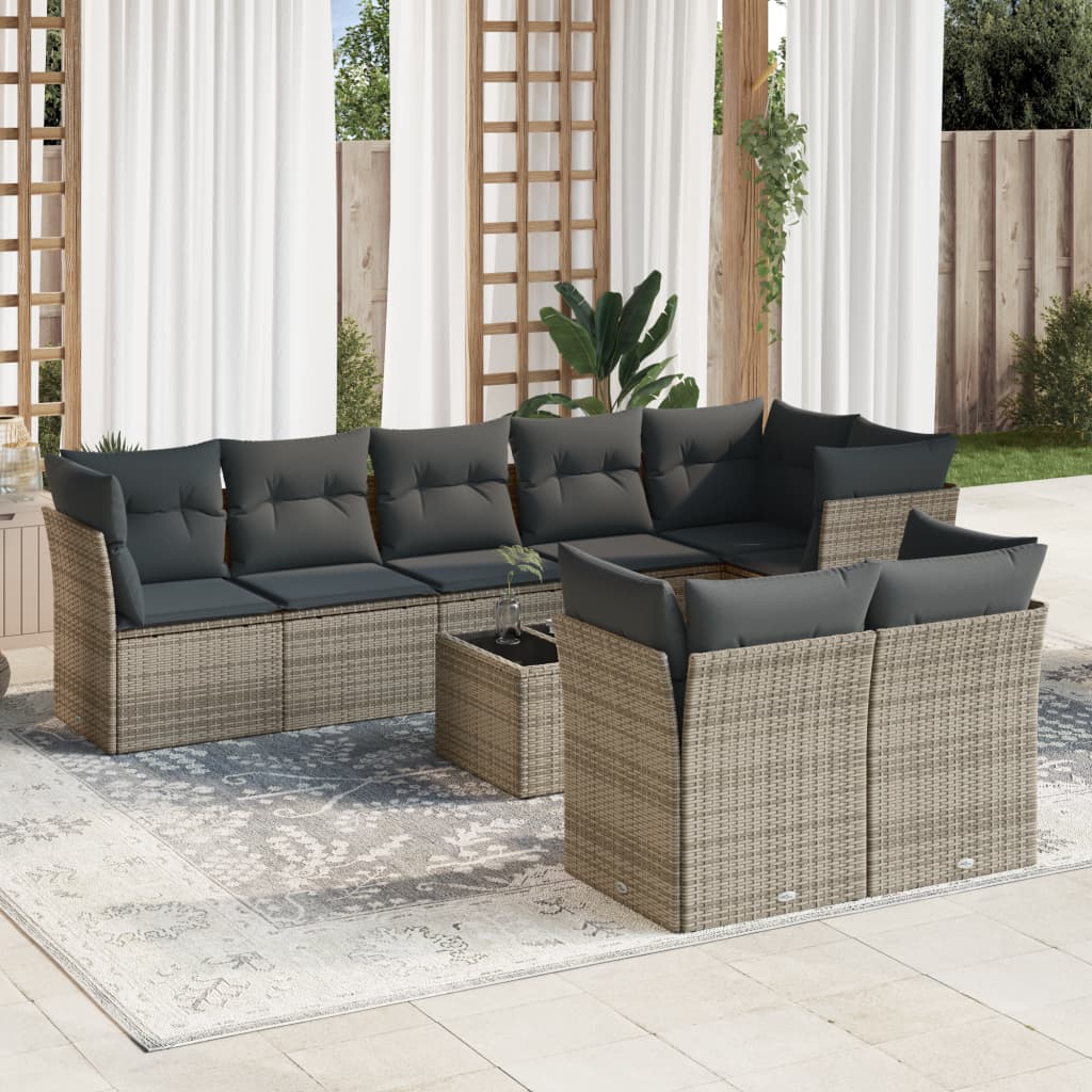 Salon de jardin 9 pcs avec coussins gris résine tressée