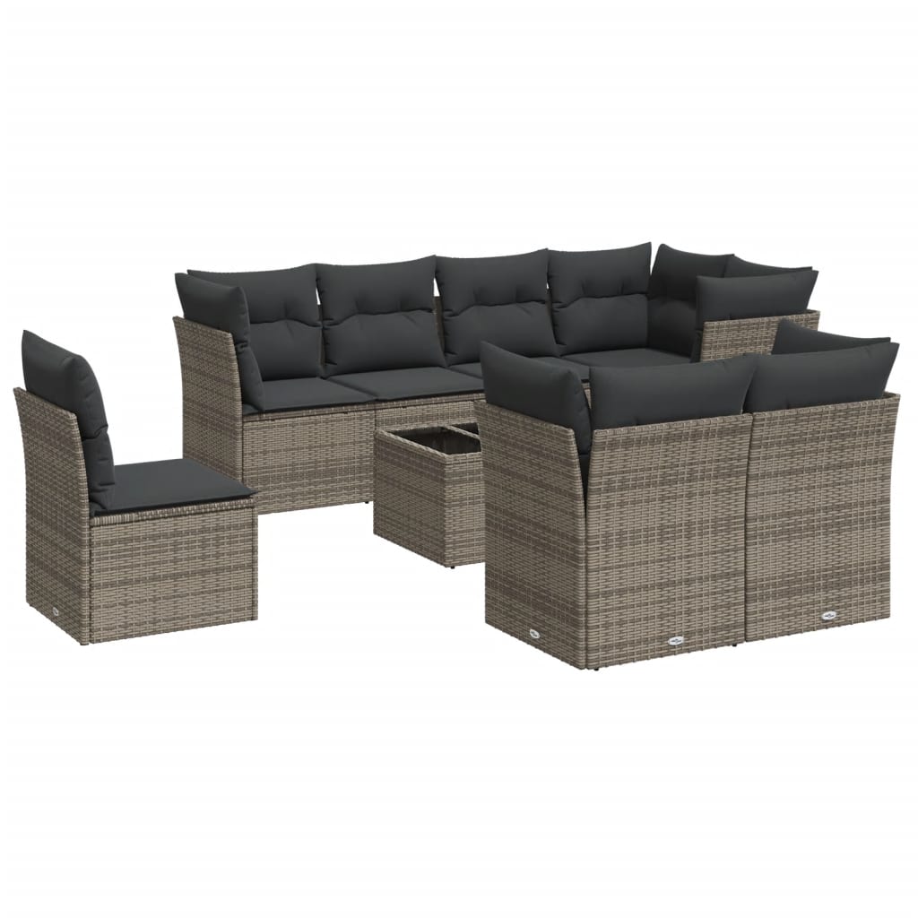 Salon de jardin 9 pcs avec coussins gris résine tressée
