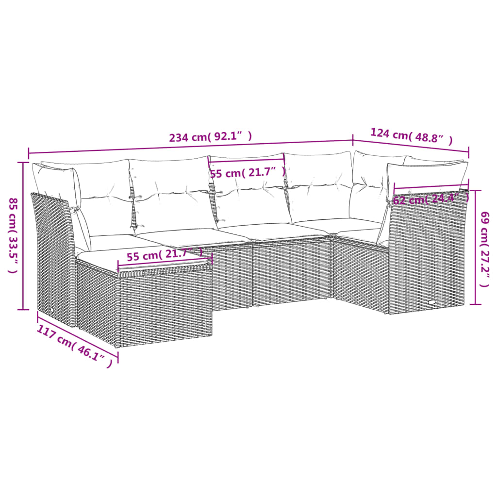 Salon de jardin 6 pcs avec coussins gris clair résine tressée