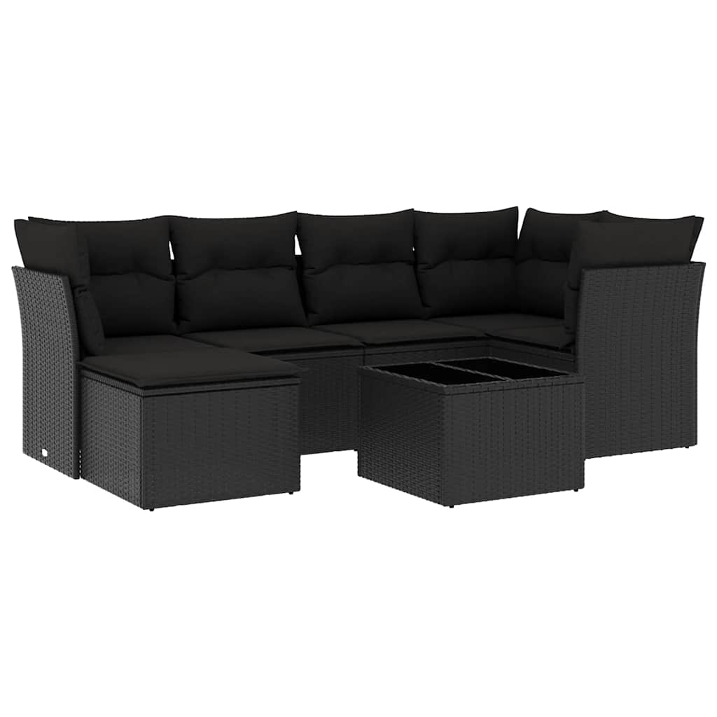 Salon de jardin 7 pcs avec coussins noir résine tressée