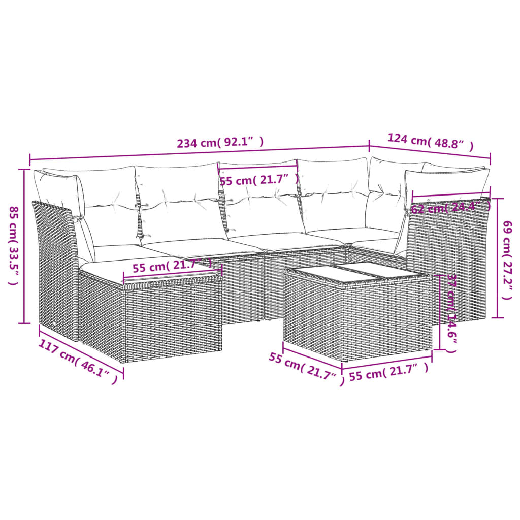 Salon de jardin avec coussins 7 pcs marron résine tressée