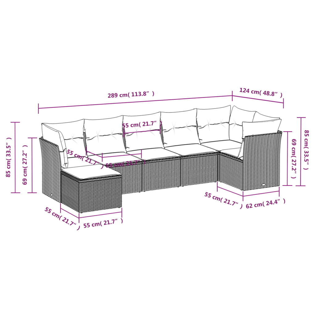 Salon de jardin avec coussins 7 pcs marron résine tressée