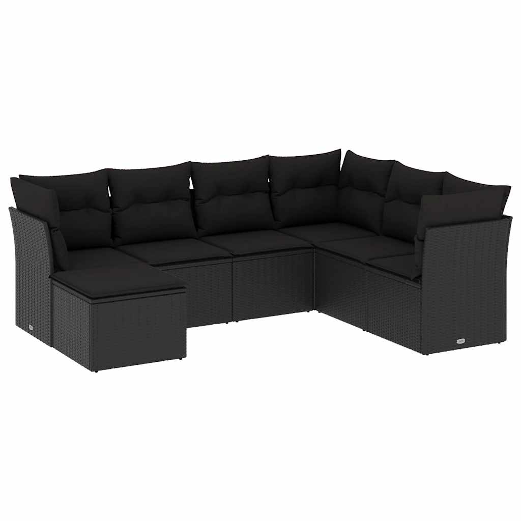 Salon de jardin 7 pcs avec coussins noir résine tressée
