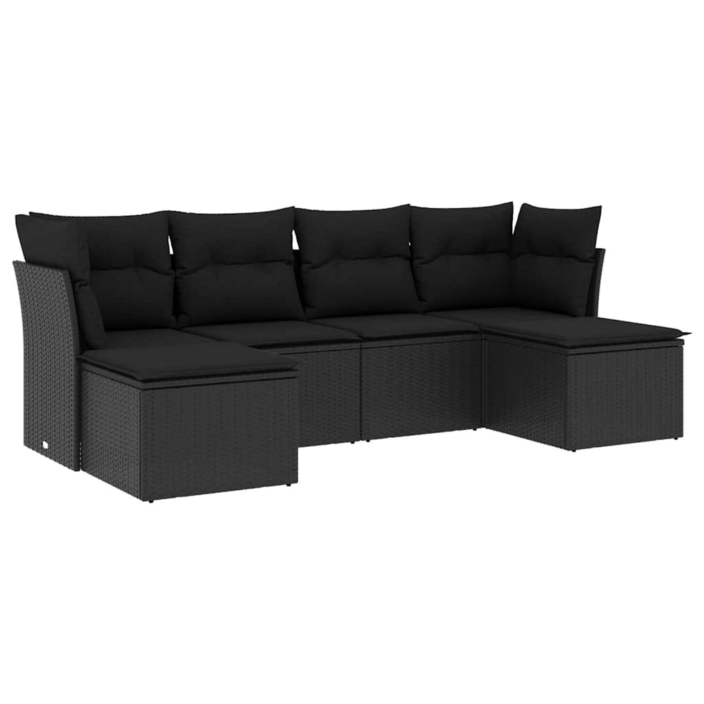 Salon de jardin 6 pcs avec coussins noir résine tressée