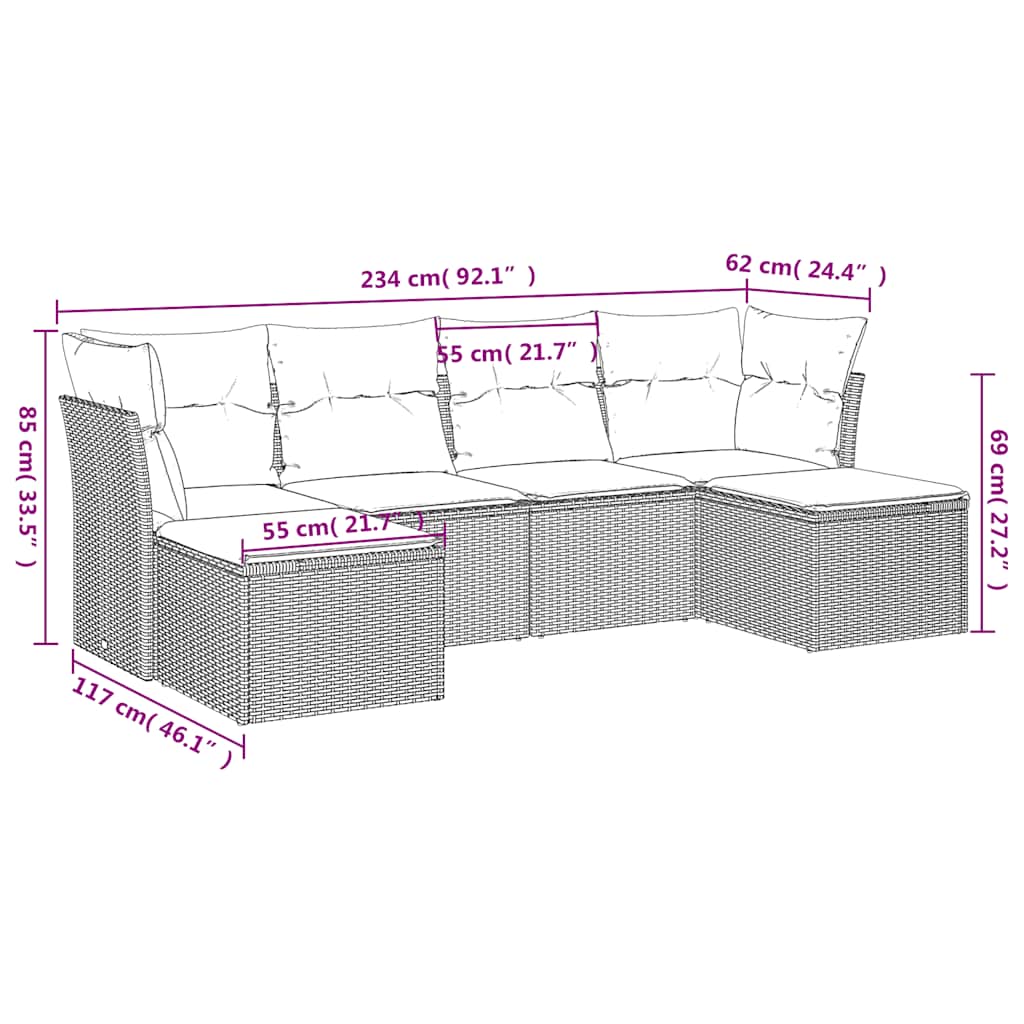 Salon de jardin avec coussins 6 pcs marron résine tressée