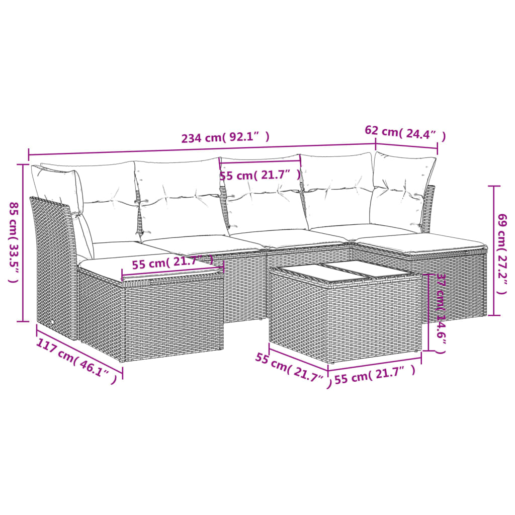 Salon de jardin avec coussins 7 pcs gris résine tressée