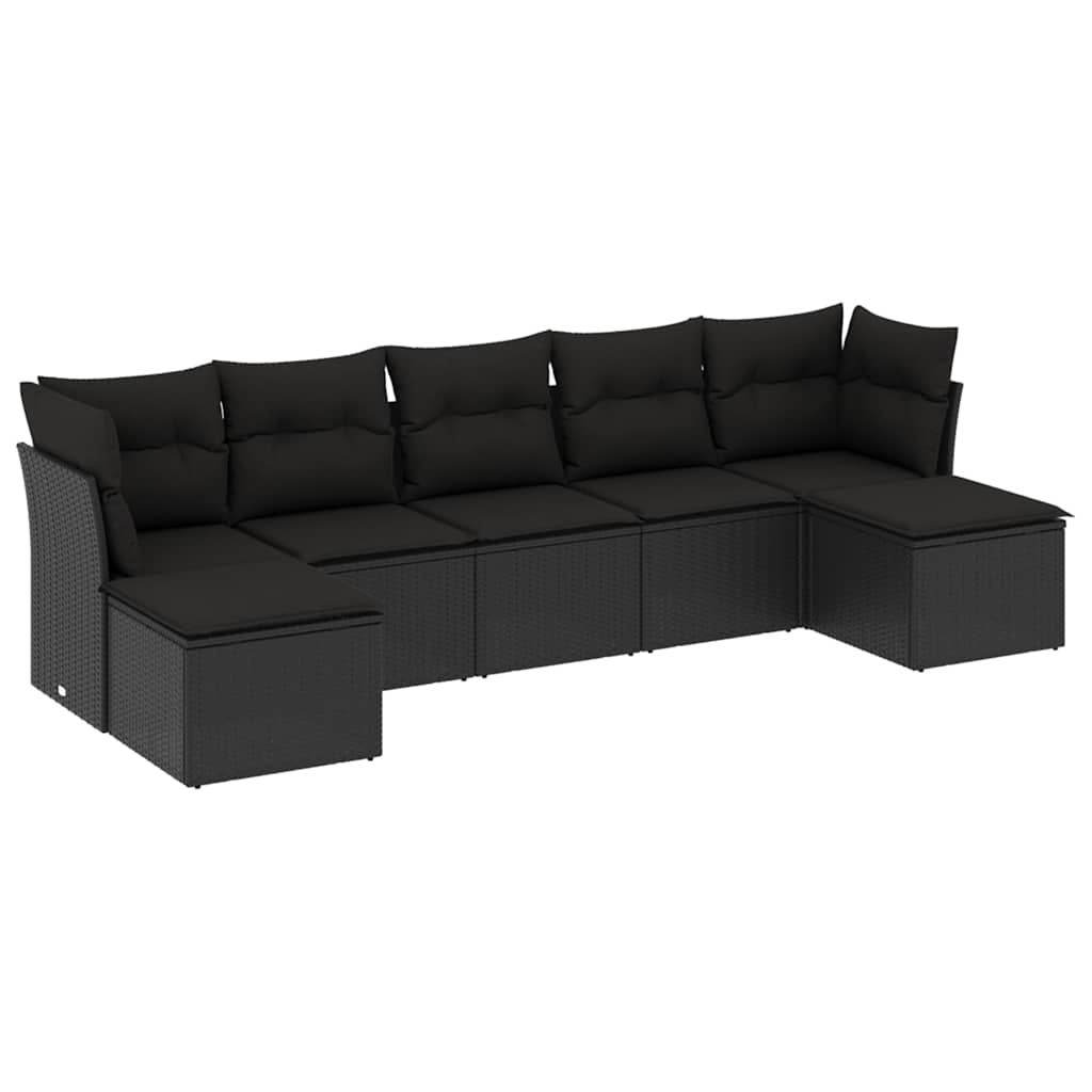Salon de jardin 7 pcs avec coussins noir résine tressée