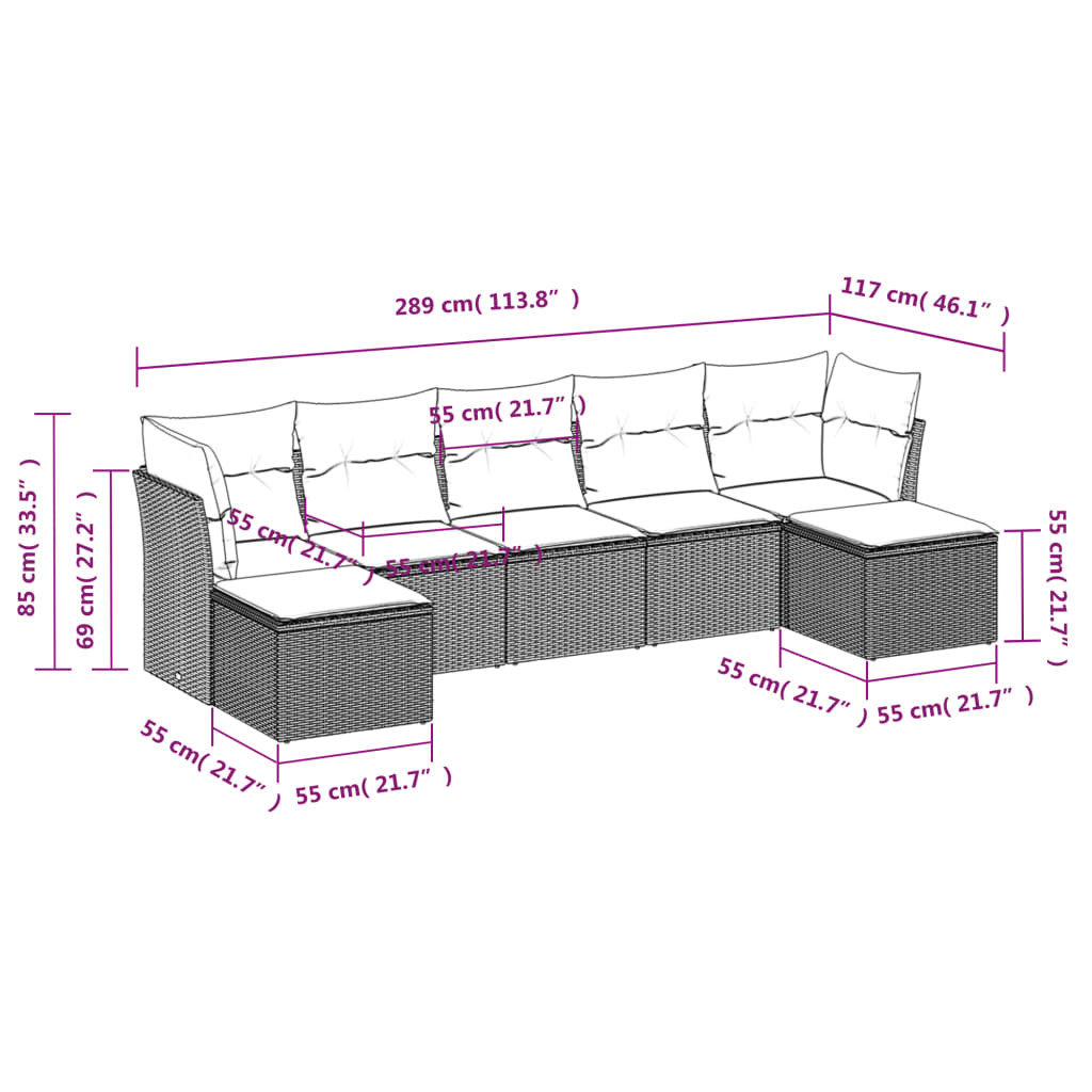Salon de jardin avec coussins 7 pcs marron résine tressée
