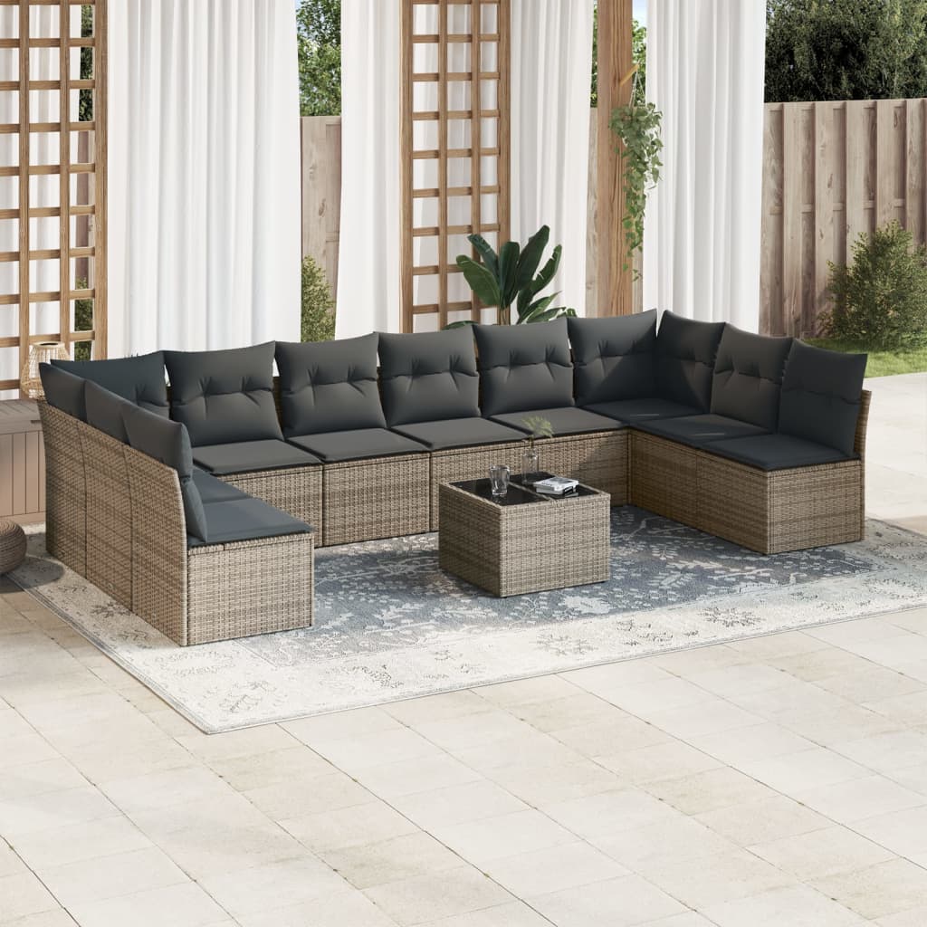 Salon de jardin 11 pcs avec coussins gris résine tressée