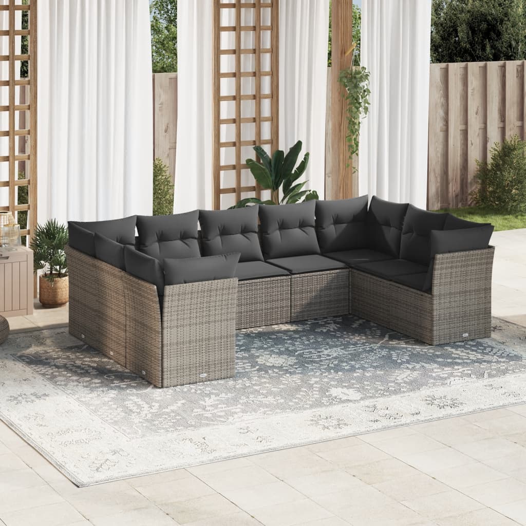 Salon de jardin 9 pcs avec coussins gris résine tressée