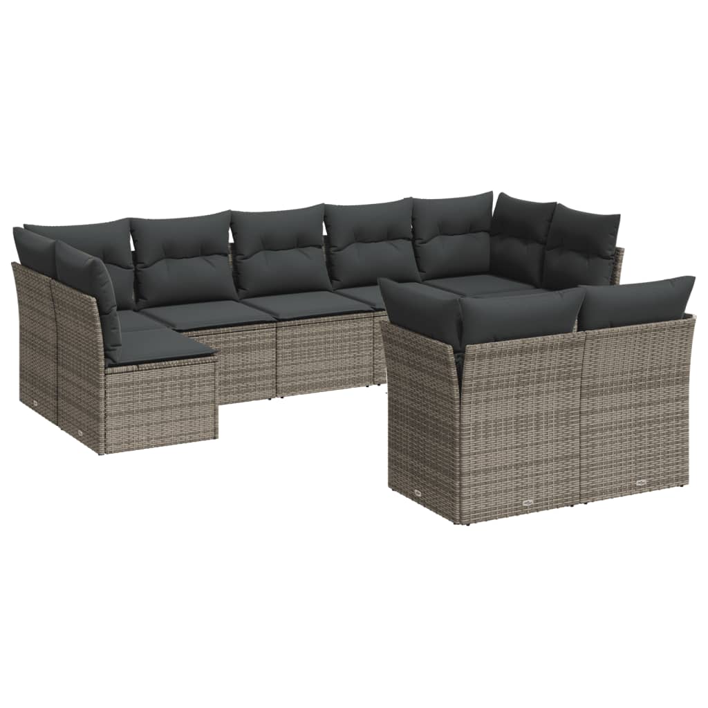 Salon de jardin 9 pcs avec coussins gris résine tressée
