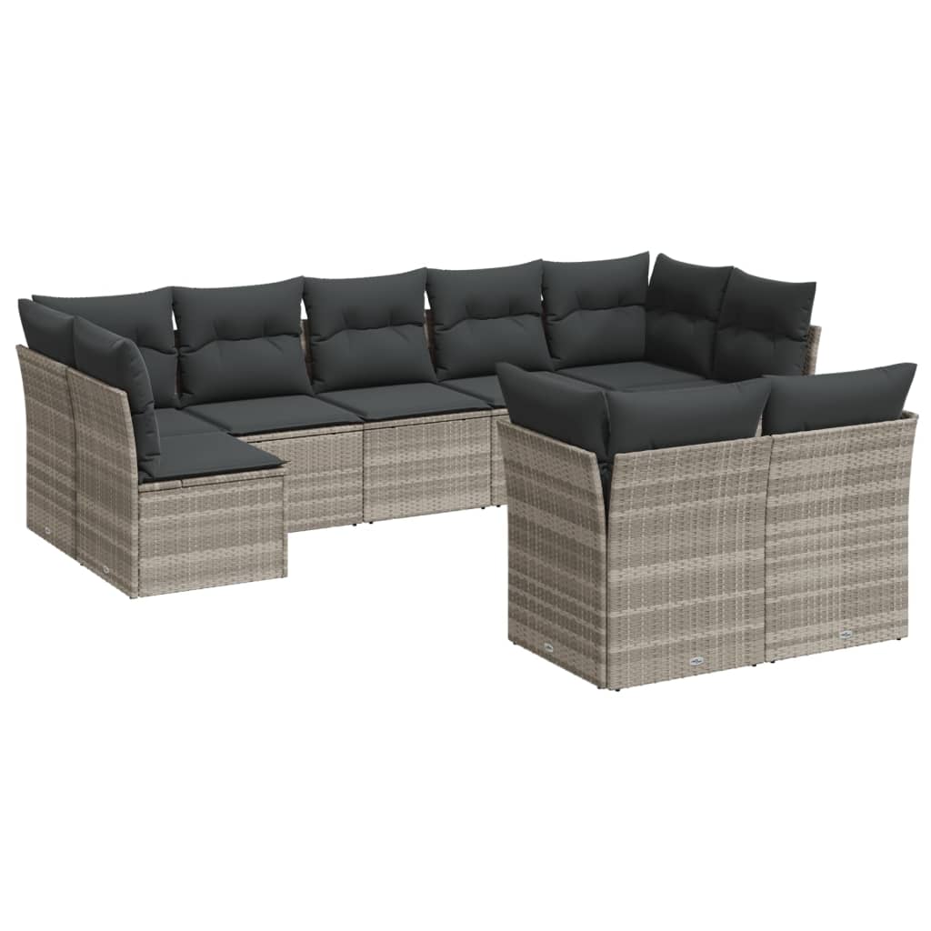 Salon de jardin 9 pcs avec coussins gris clair résine tressée