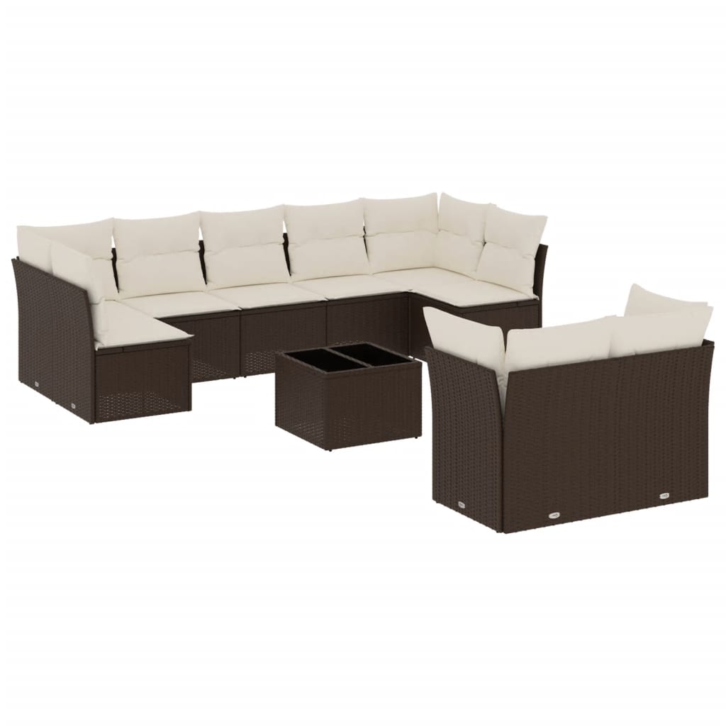 Salon de jardin 10 pcs avec coussins marron résine tressée