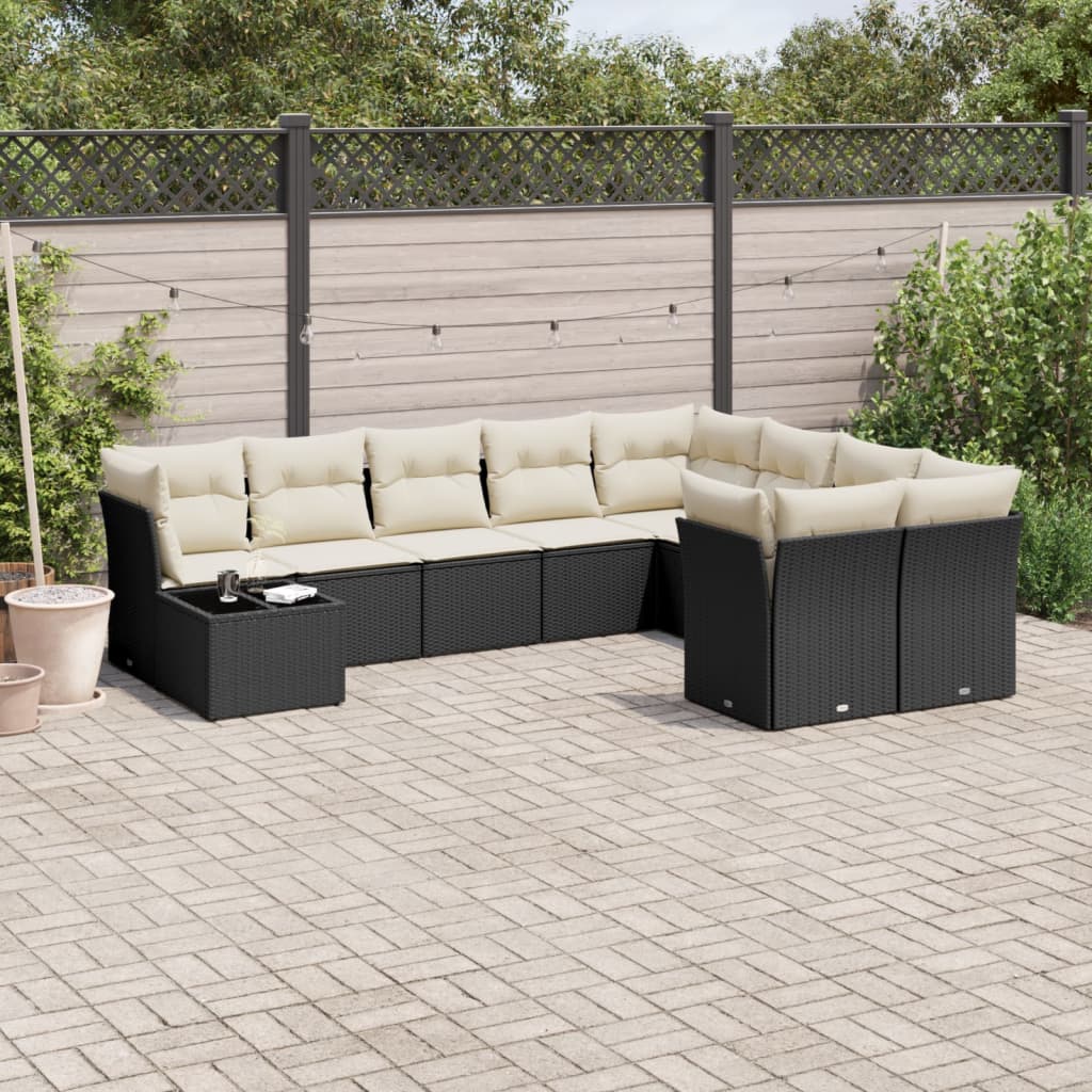 Salon de jardin 10 pcs avec coussins noir résine tressée