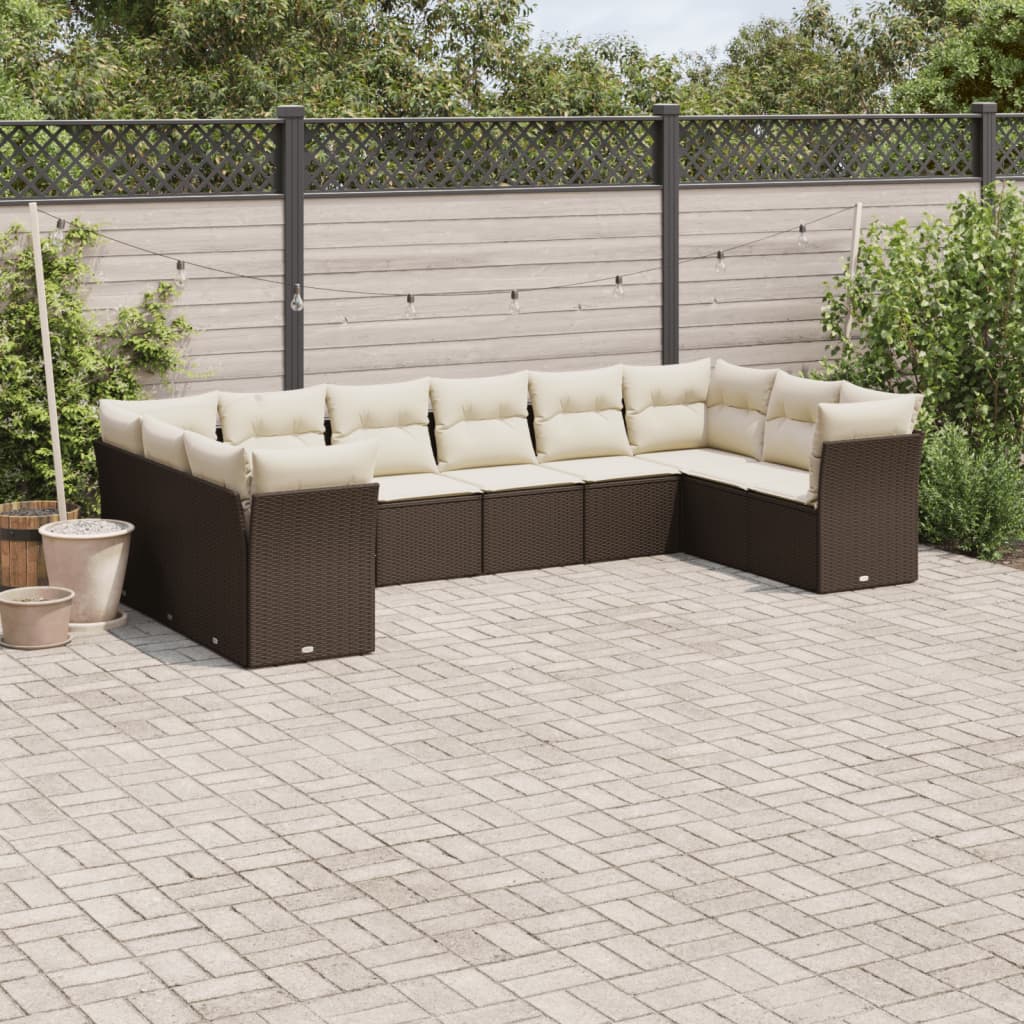 Salon de jardin 10 pcs avec coussins marron résine tressée