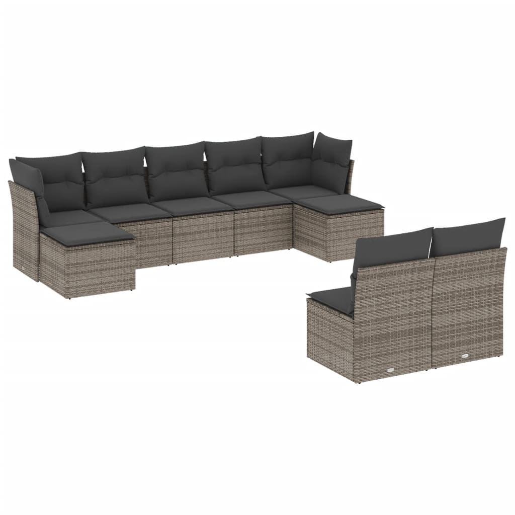 Salon de jardin 9 pcs avec coussins gris résine tressée