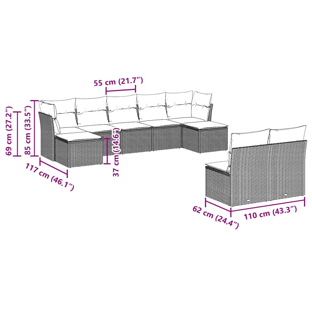 Salon de jardin avec coussins 9 pcs marron résine tressée