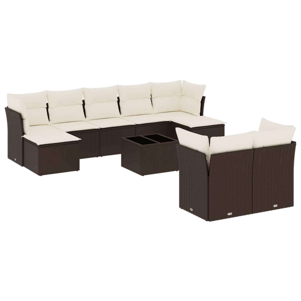 Salon de jardin 10 pcs avec coussins marron résine tressée